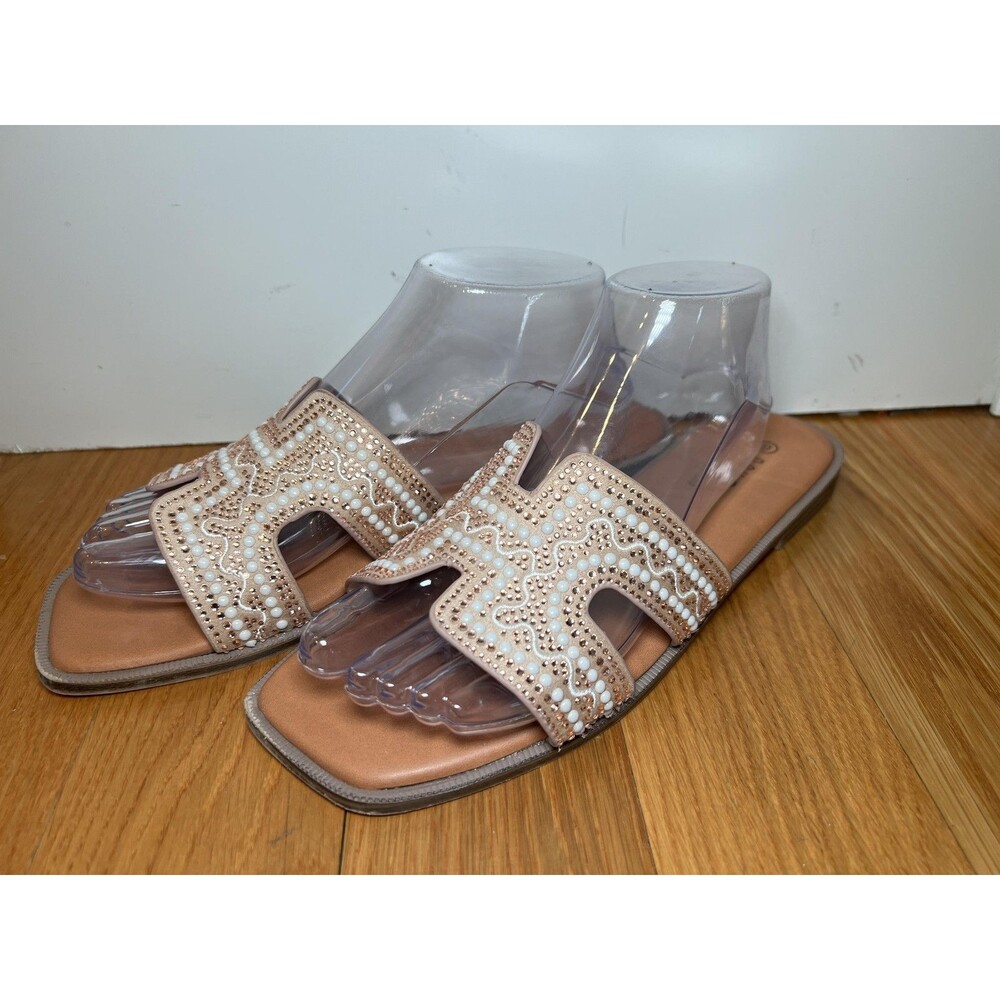 Rouge Helium Sandals Womens Size 9 Beige Beaded Studded Slide Slip On Shoes